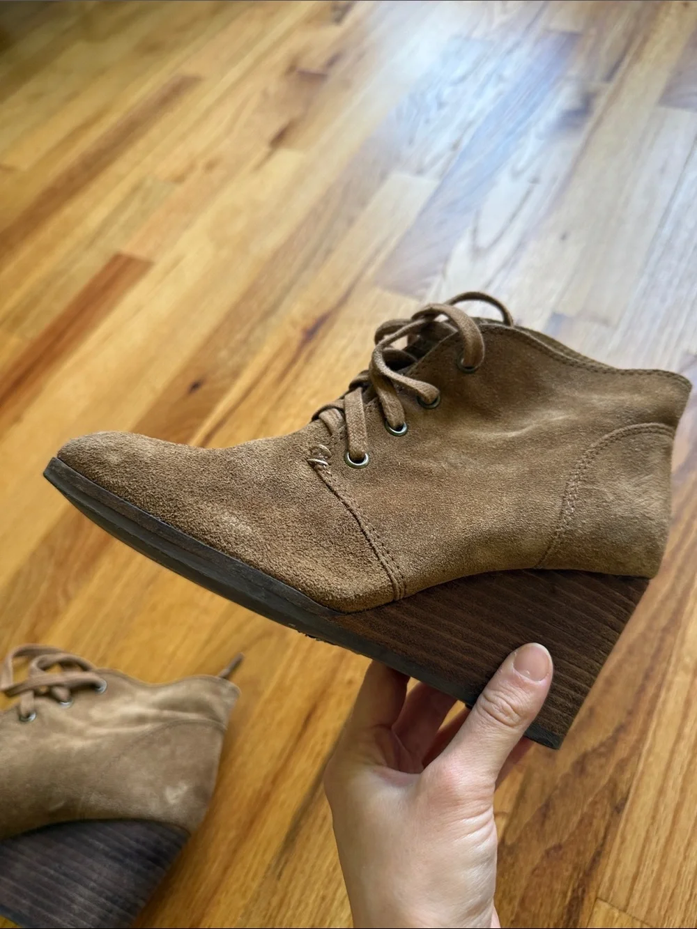 Lucky Brand Lace-Up Wedge Booties in Tan Suede